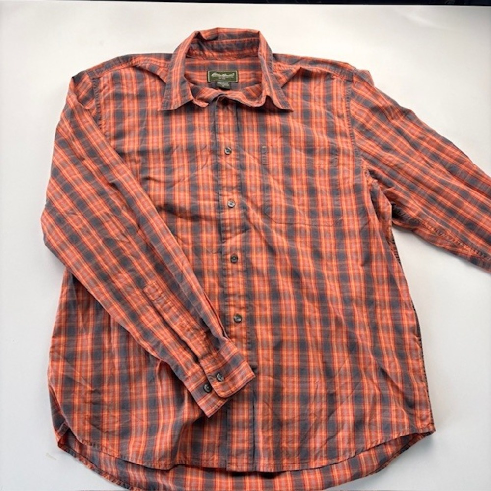 Eddie Bauer Plaid Long Sleeve Button‎ Up Shirt Men's Medium Cotton Orange Gray
